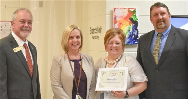 Mrs Jenkins with State Superintendent Woods Principal Daniel and Superintendent Lowe